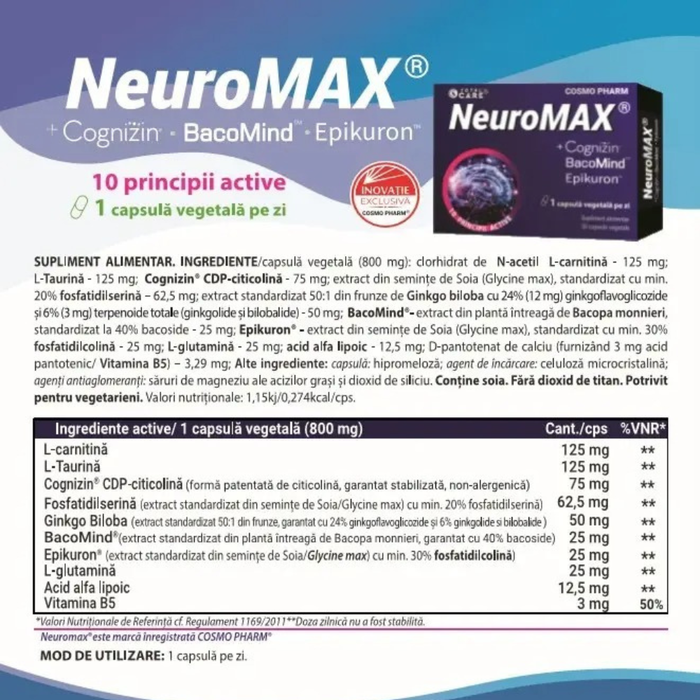 COSMO PHARM Neuromax + Cognizin & BacoMind For Memory, Focus And Brain Performance 30Caps